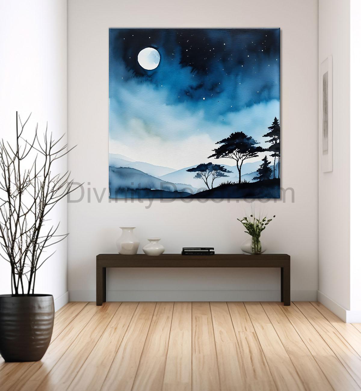 Mountains and tree with moon water colour art 24X24- Nature Art -S-63