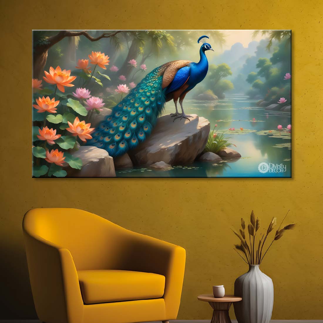 Peacock with pond and lotus on bright textured art. - Design - Animal -63