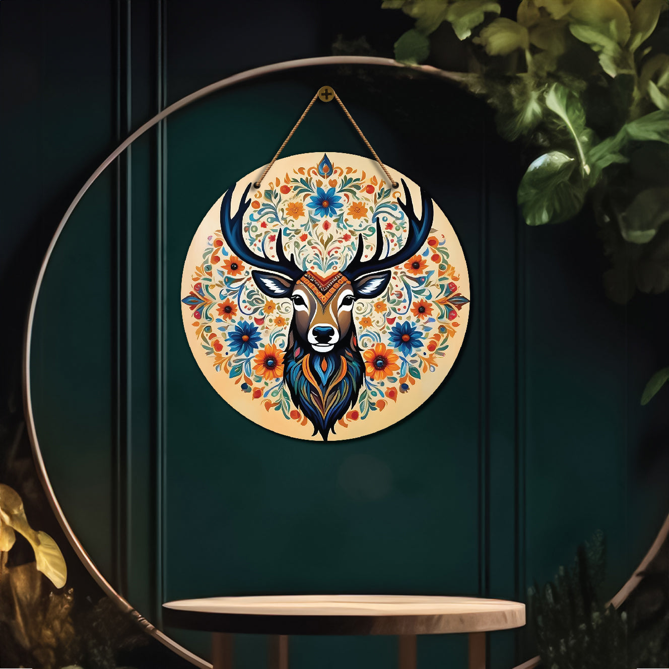 Deer in floral mandala Round Wooden Wall Hanging for wall Décor - Design - 63