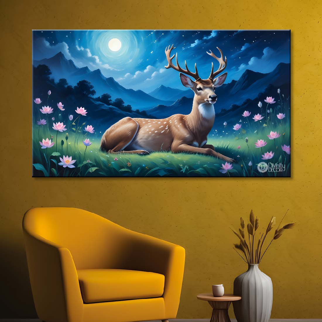 Deer with lotus and mountains in night background textured art.- Design - Animal -64