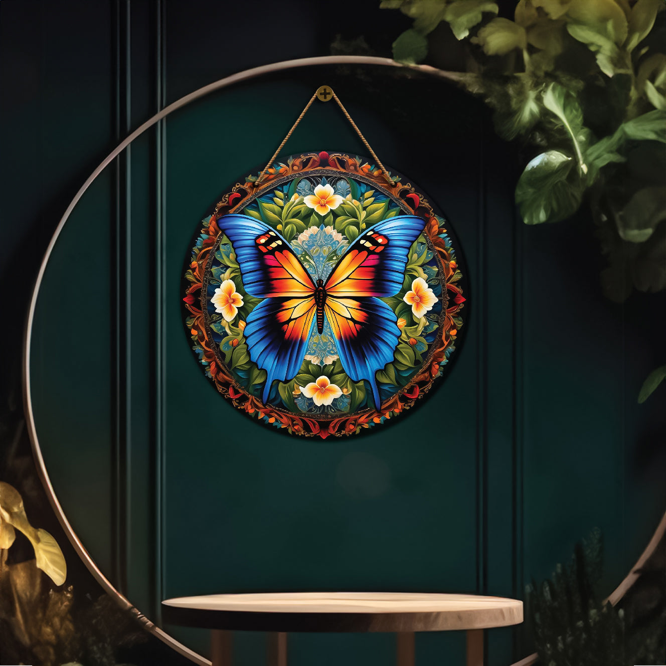 Orange butterfly in green and brown mandala Round Wooden Wall Hanging for wall Décor - Design - 64