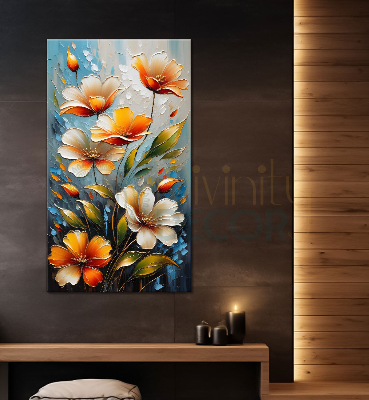 Orange and white flowers in blue textured background painting - Flower-V-64