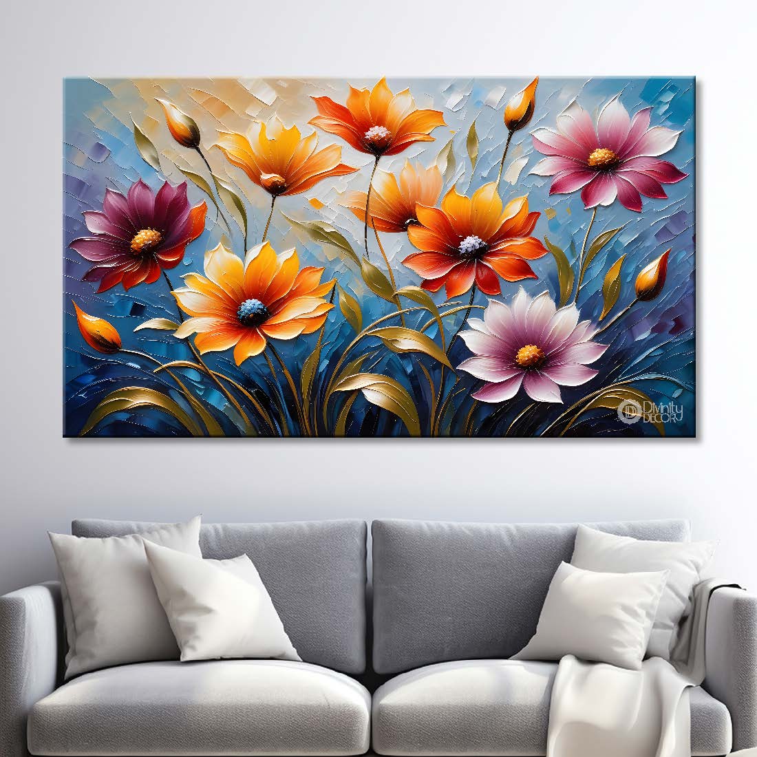 Colorful flowers with blue textured background painting- Design - Flower-65