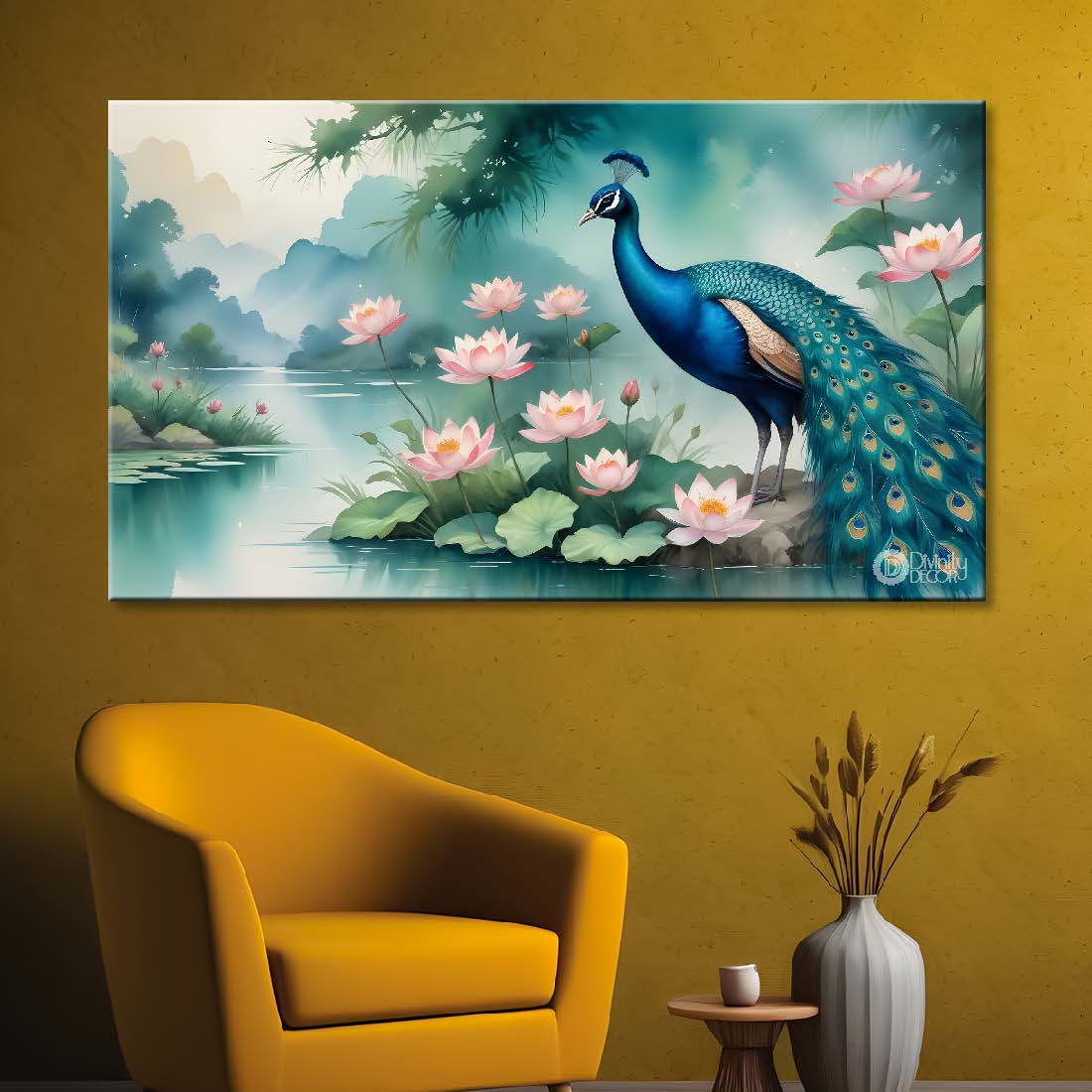 Peacock with pond and lotus in fog background textured art.  - Design - Animal -65
