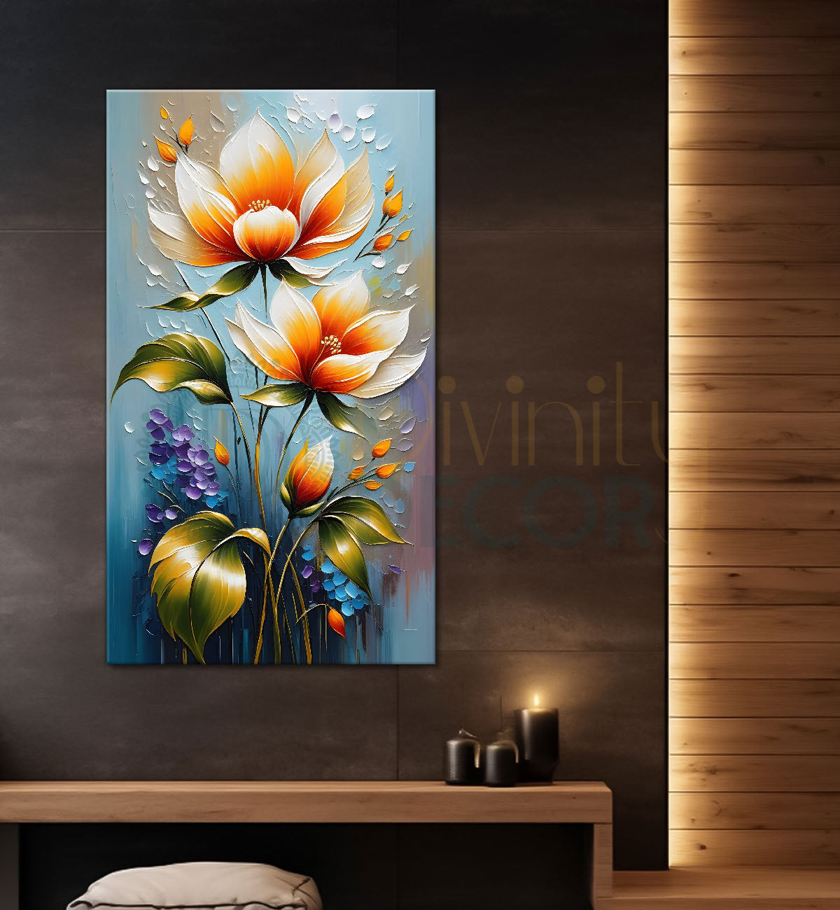 Orange flowers in blue textured background painting - Flower-V-65