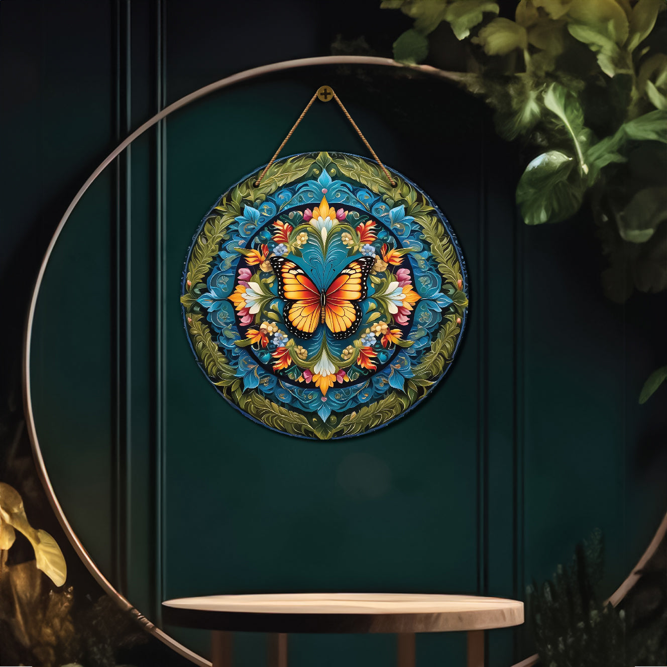 Yellow butterfly in blue and green mandala Round Wooden Wall Hanging for wall Décor - Design - 65