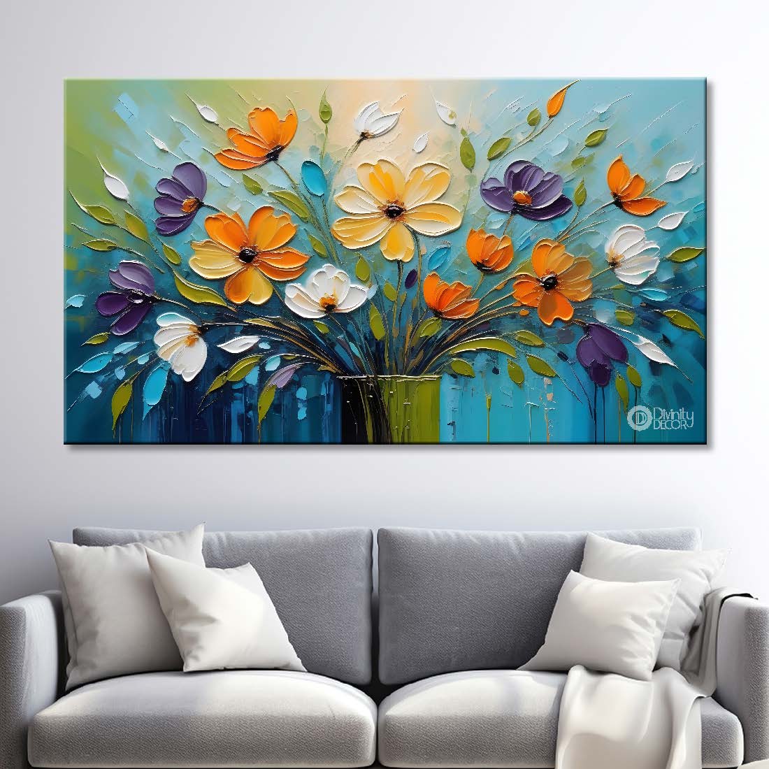 Colorful flowers with blue textured background painting- Design - Flower-66