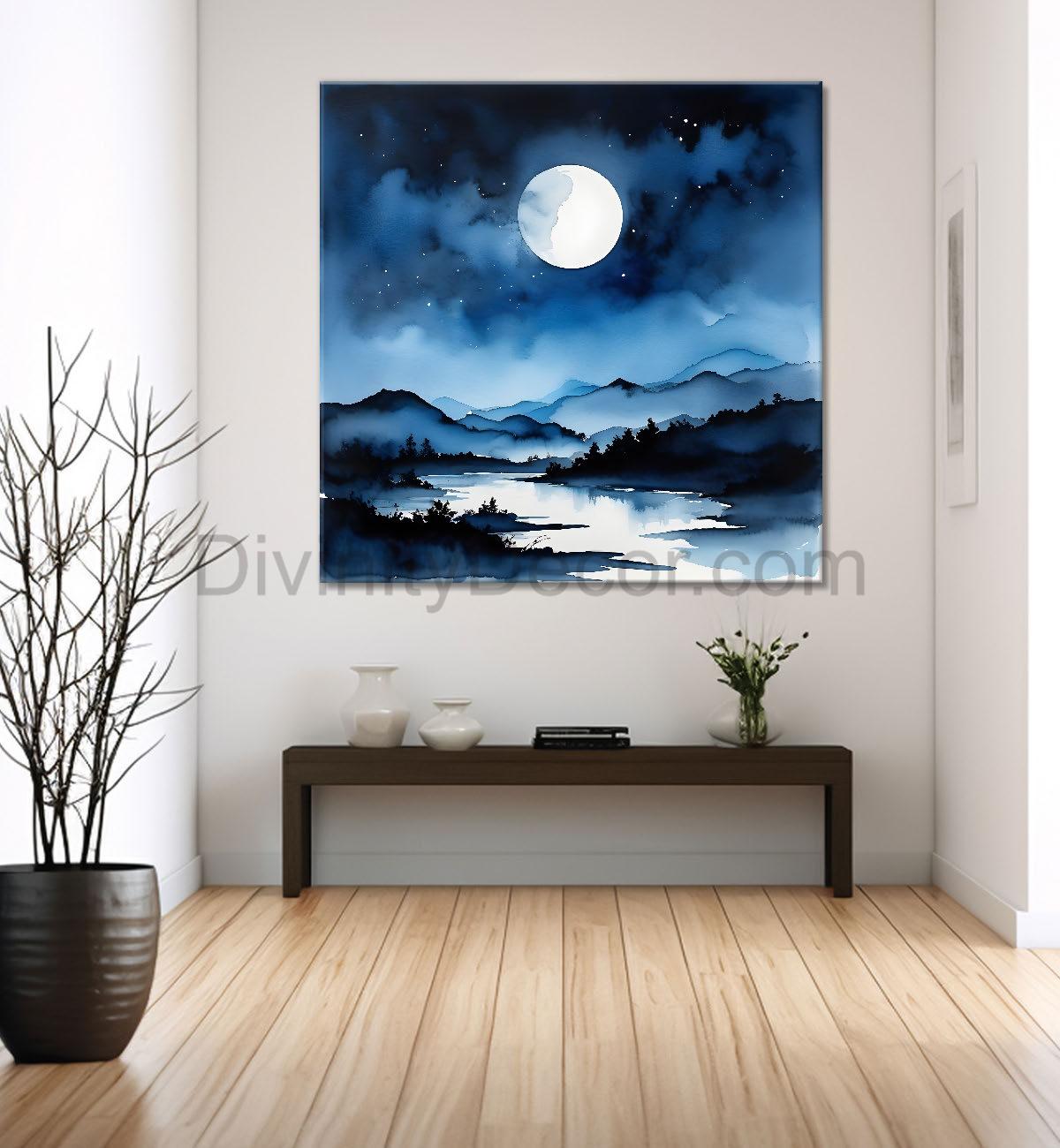 Mountains and moon and river painting 24X24- Nature Art -S-66