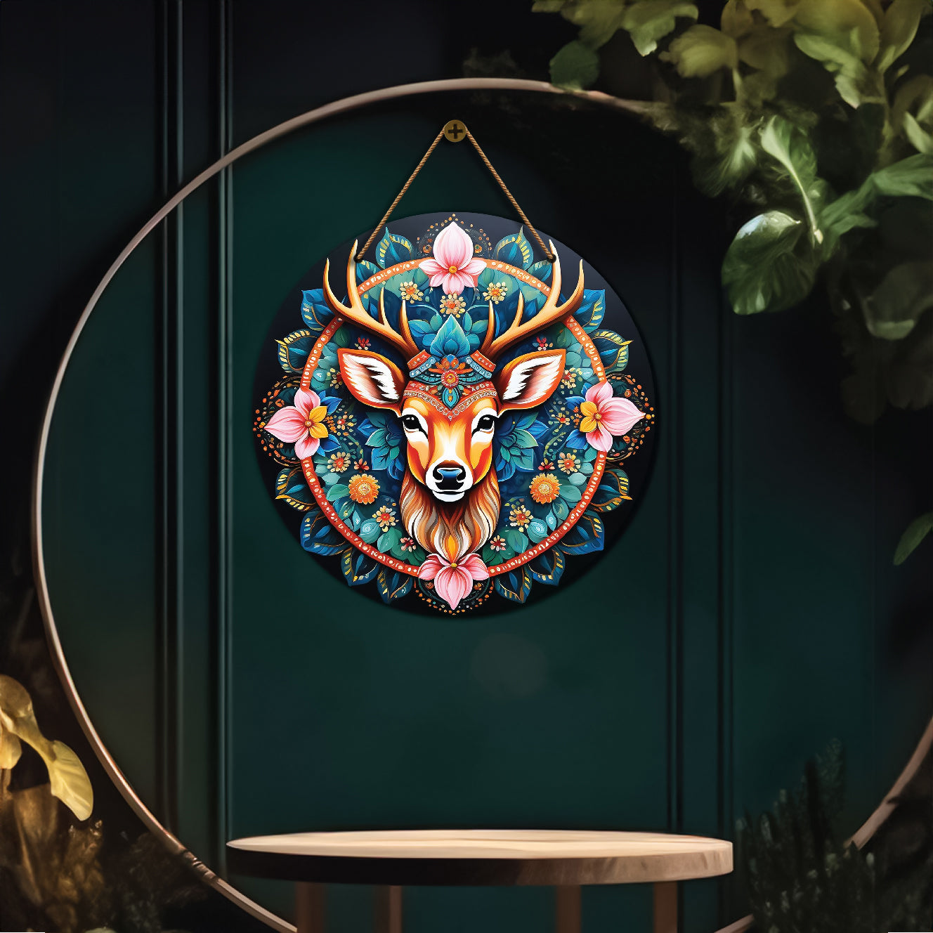 Deer in pink and green mandala Round Wooden Wall Hanging for wall Décor - Design - 66