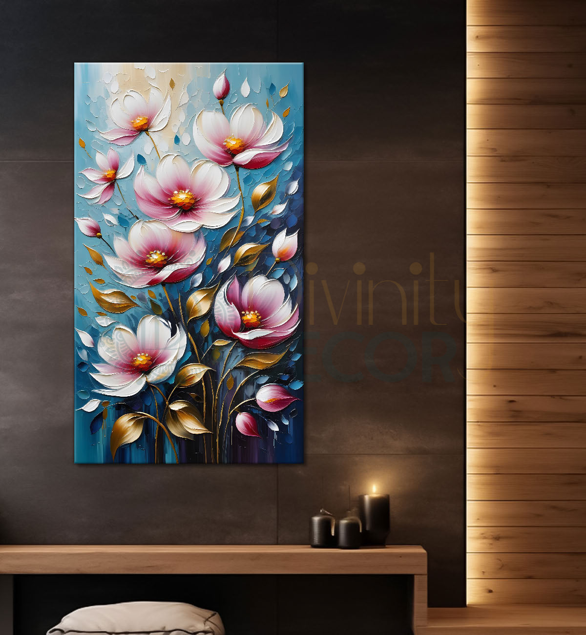 Pink flowers in blue textured background painting - Flower-V-66