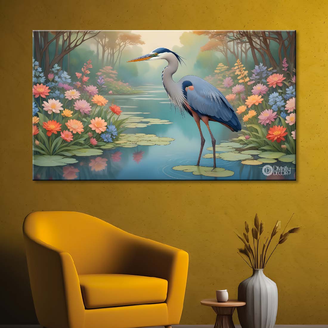 Blue heron with pond and colorful flowers in bright textured background art. - Design - Animal -67