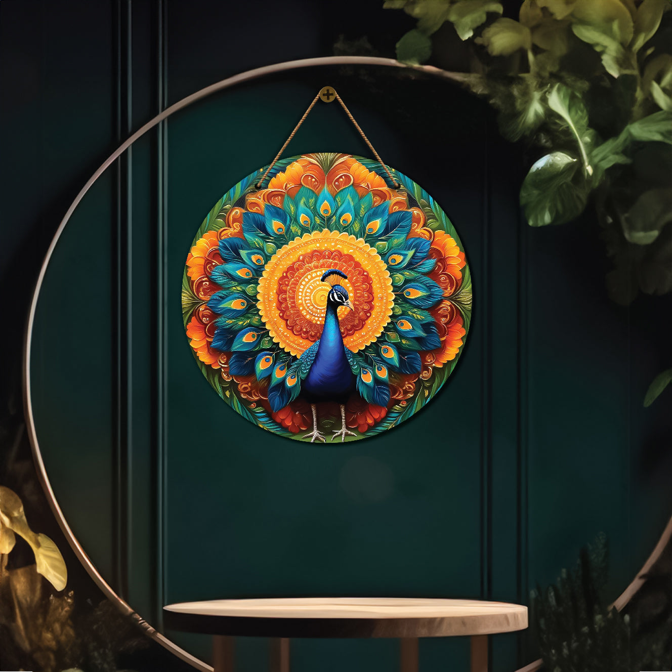 Peacock in green and orange mandala Round Wooden Wall Hanging for wall Décor - Design - 67