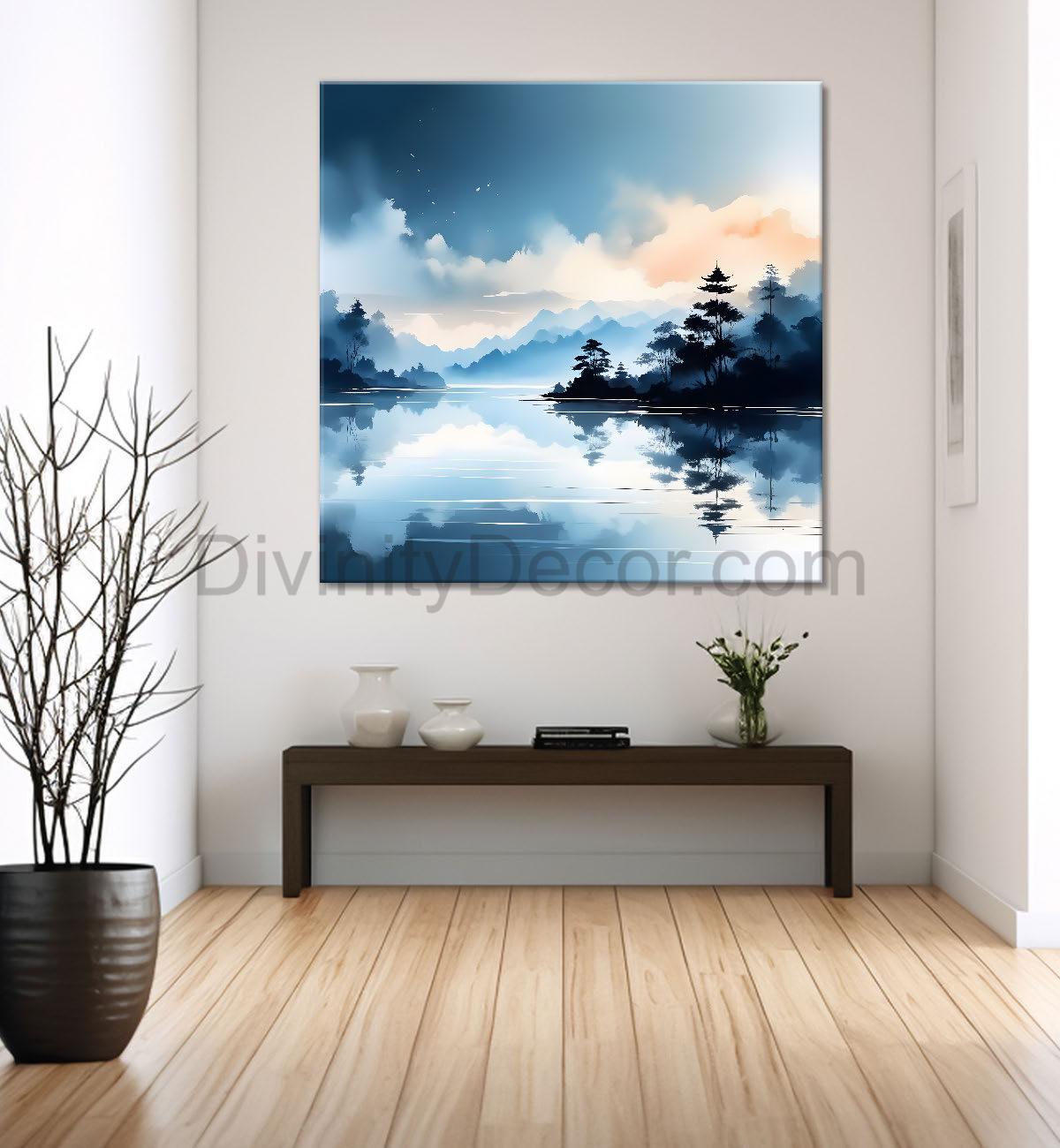 Mountains and trees with river water colour painting 24X24- Nature Art -S-67