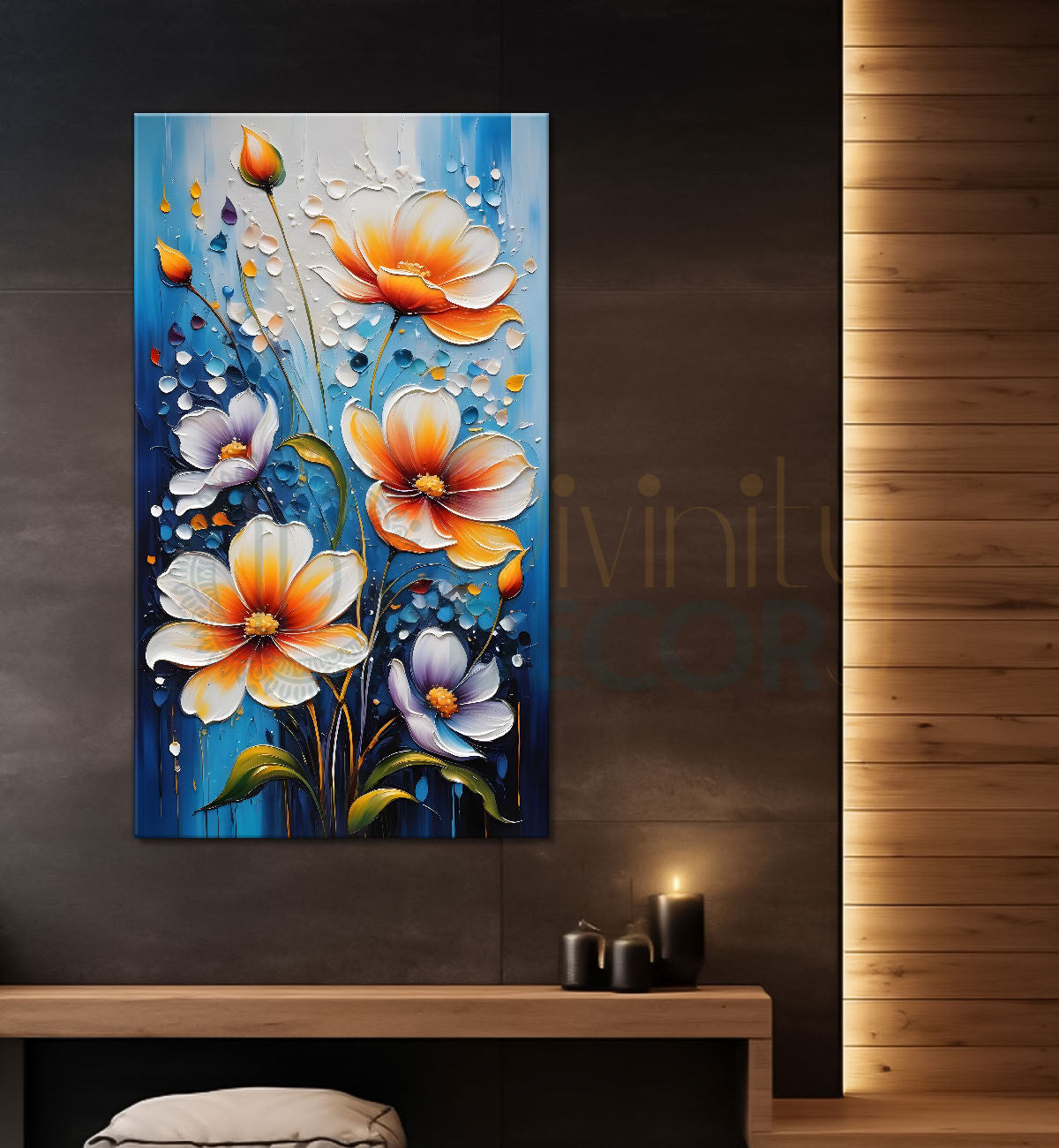 Orange flowers in blue textured background painting - Flower-V-67