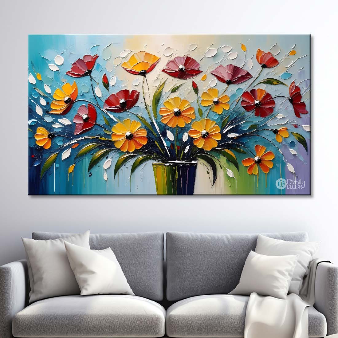 Colorful flowers with blue textured background painting- Design - Flower-68