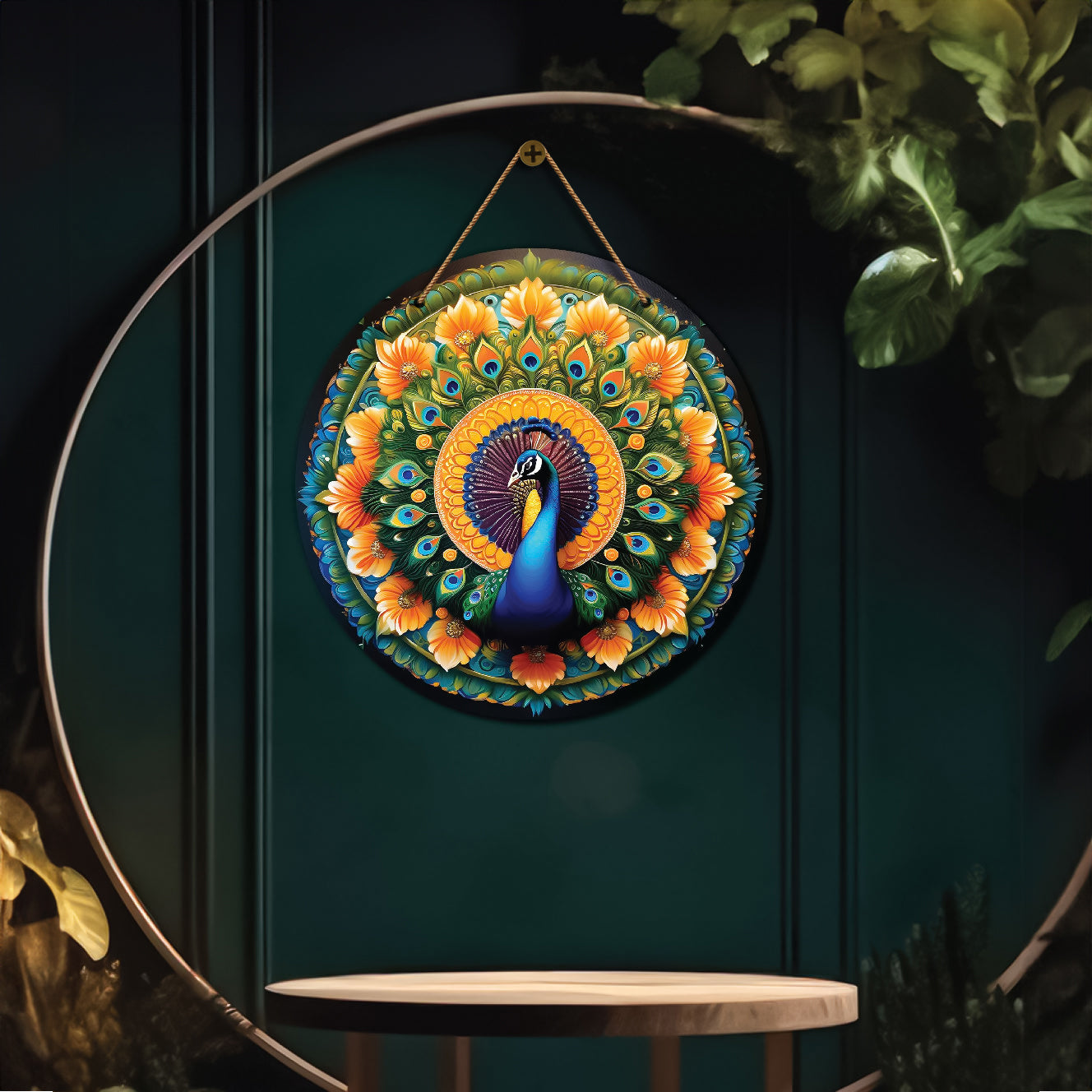 Peacock in yellow and green mandala Round Wooden Wall Hanging for wall Décor - Design - 68