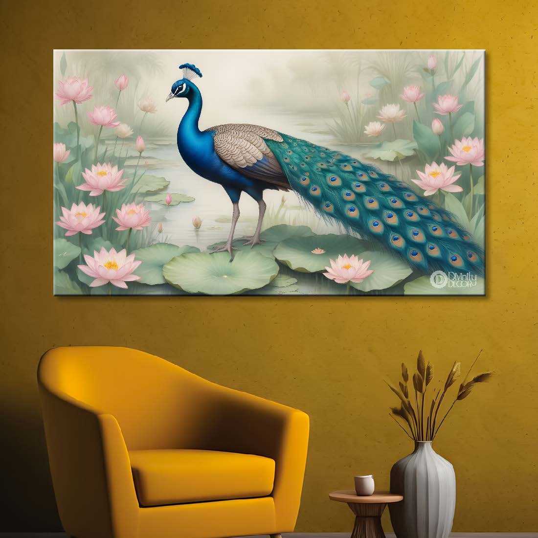 Peacock with lotus in fog background textured art. - Design - Animal -68