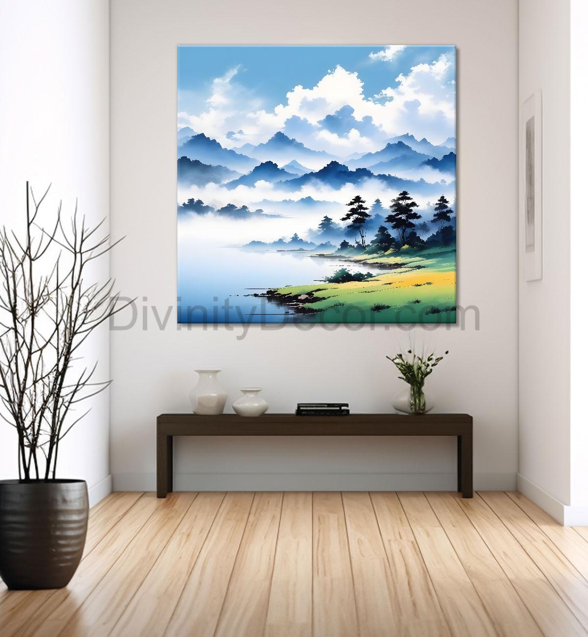 Mountains with clouds and river painting 24X24- Nature Art -S-68