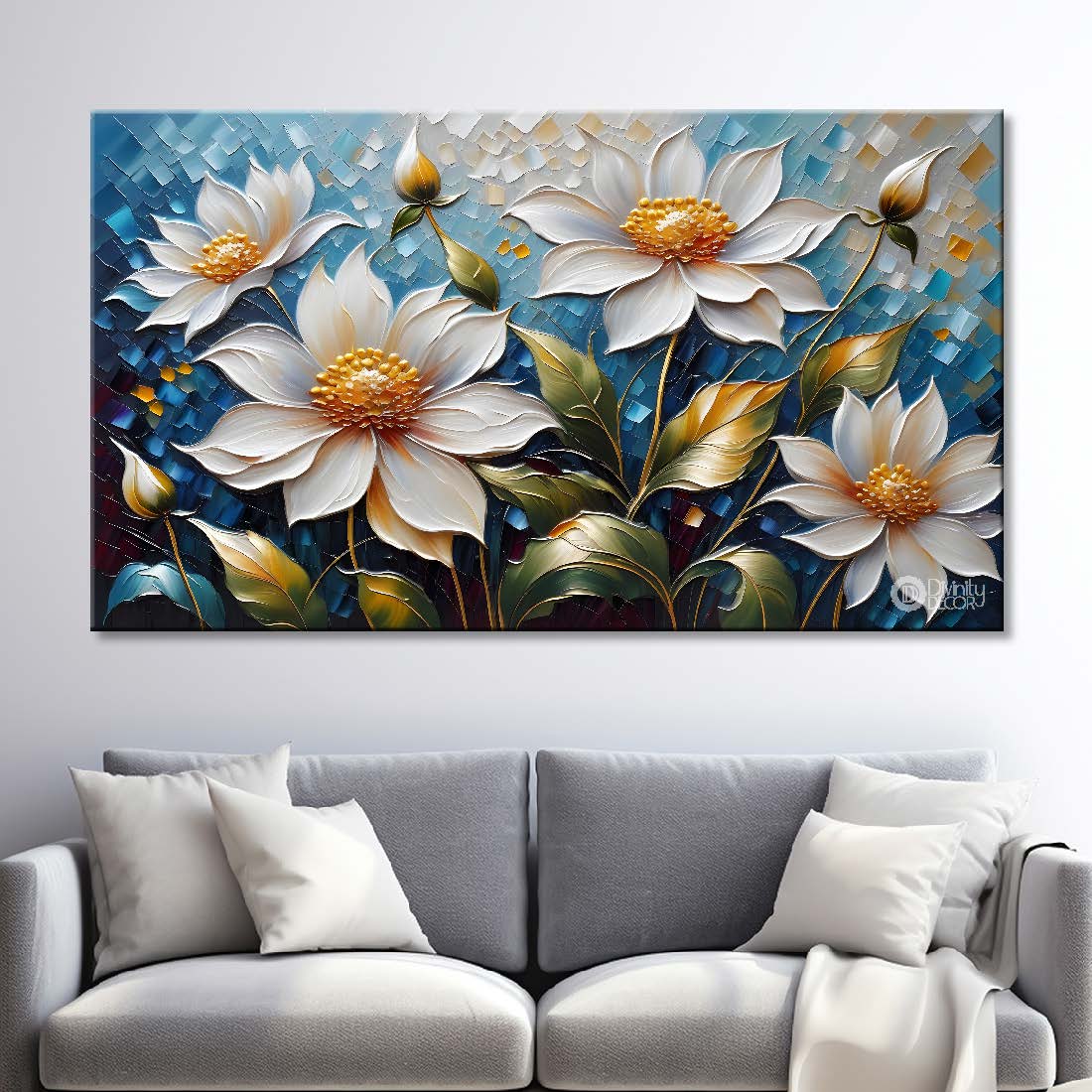 White flowers with blue textured background painting- Design - Flower-69