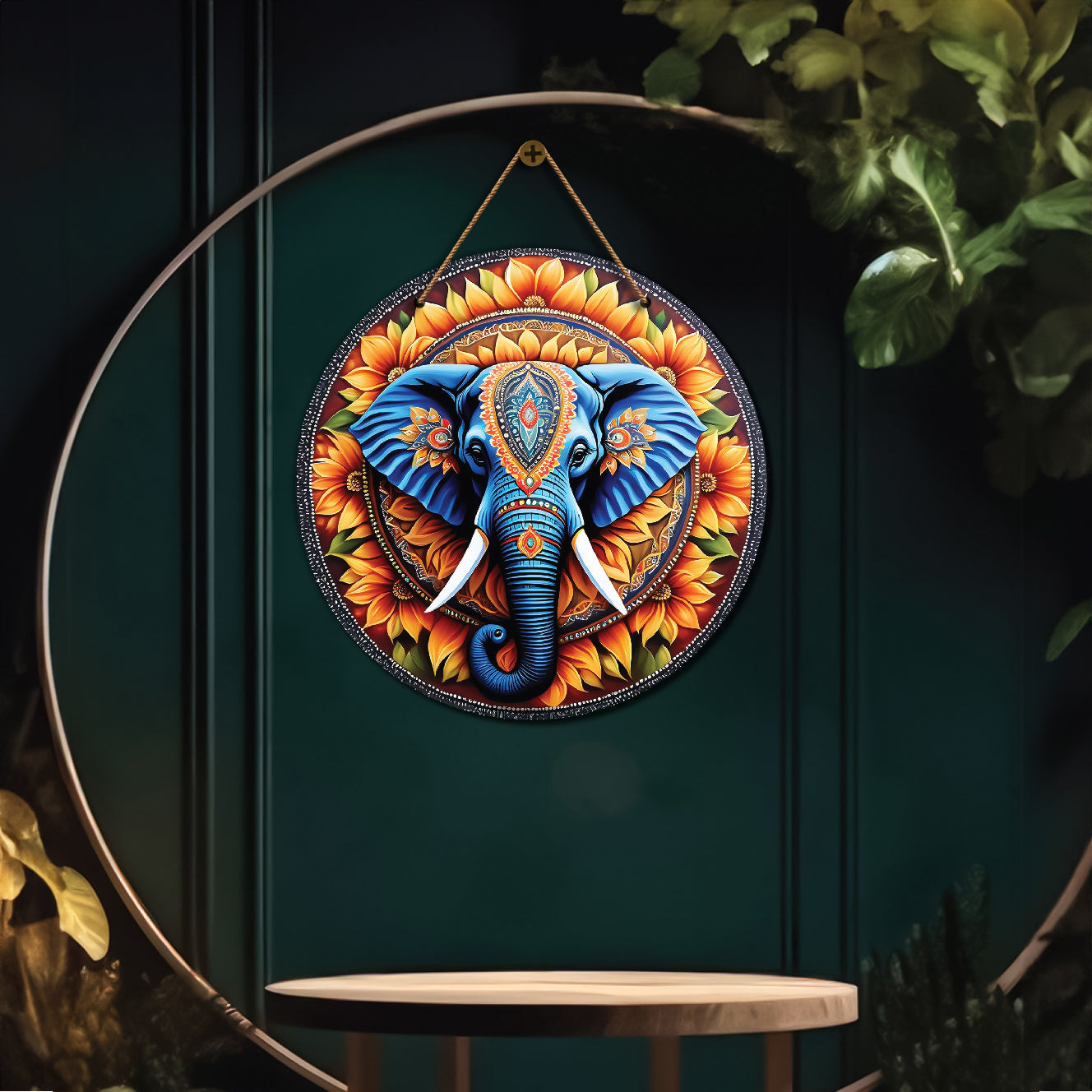 Elephant in floral mandala Round Wooden Wall Hanging for wall Décor - Design - 69