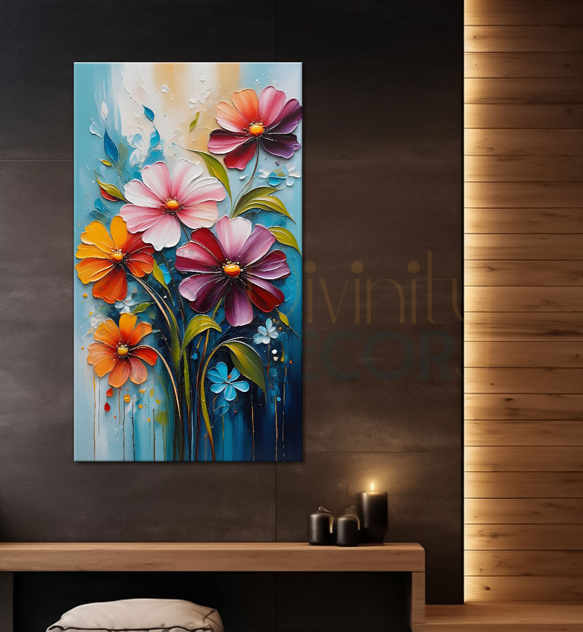 Orange and purple flowers in blue textured background painting - Flower-V-69