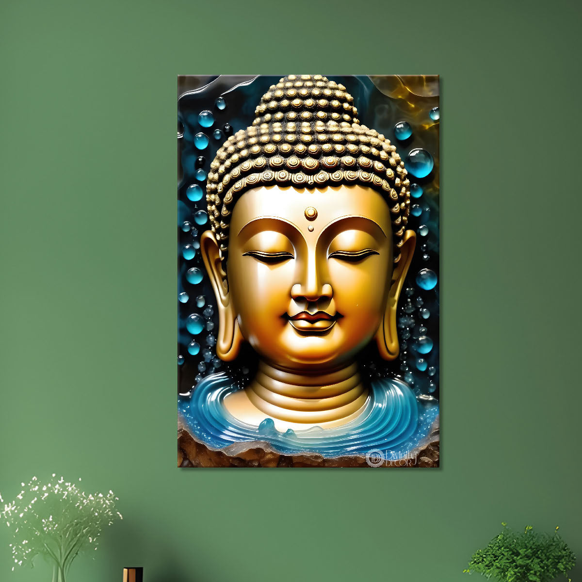 Golden buddha face with blue background painting - Buddha-V-69