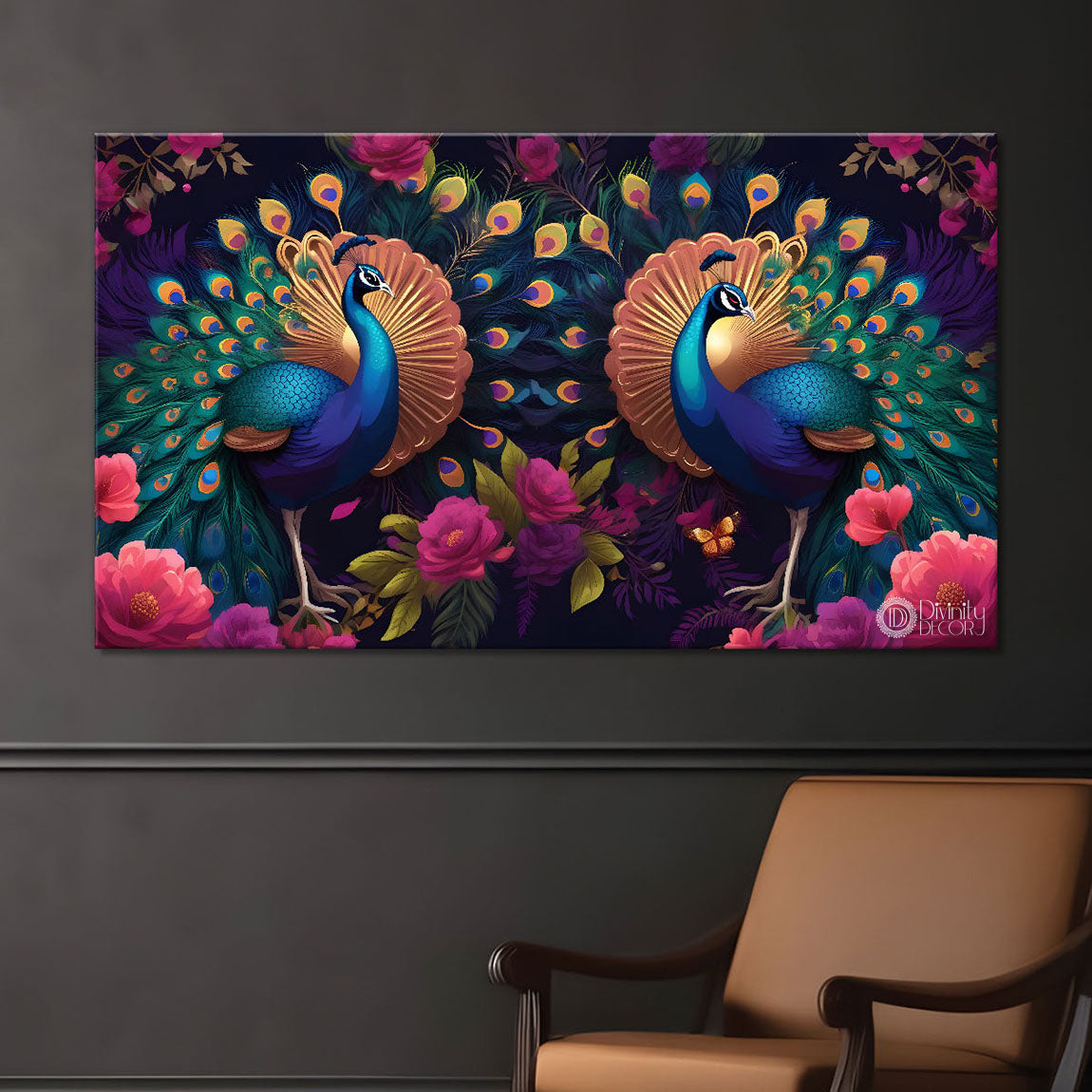 Two peacocks with flowers oil painting Canvas Painting - Design - Peacock-7