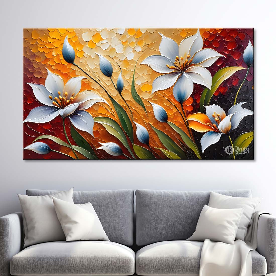 White flowers with yellow textured background  painting- Design - Flower-70