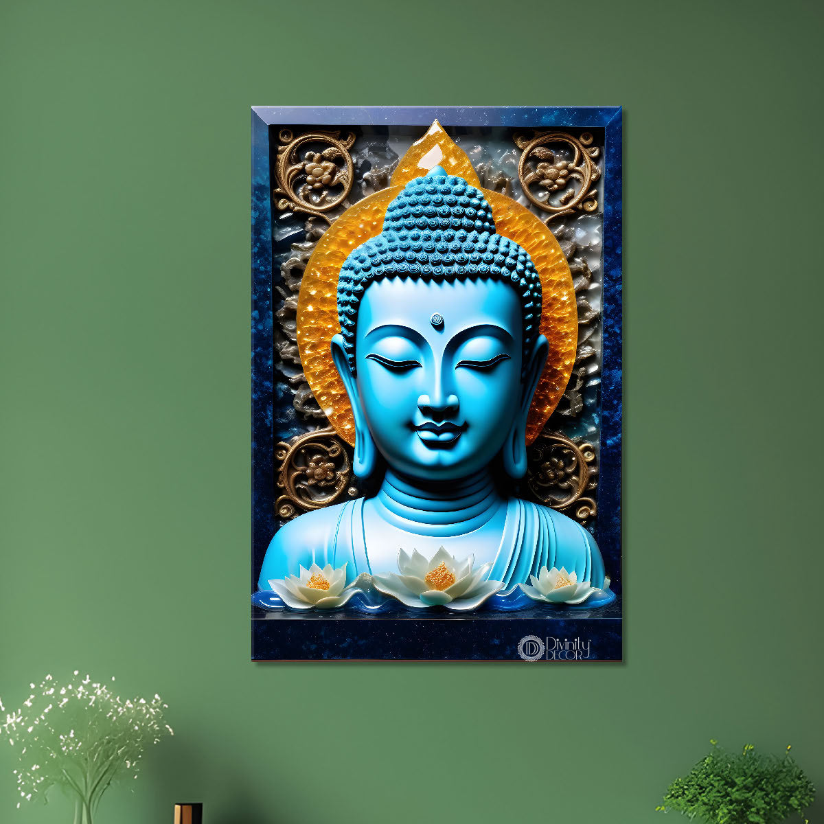 Sky blue buddha with yellow chakra background painting - Buddha-V-70