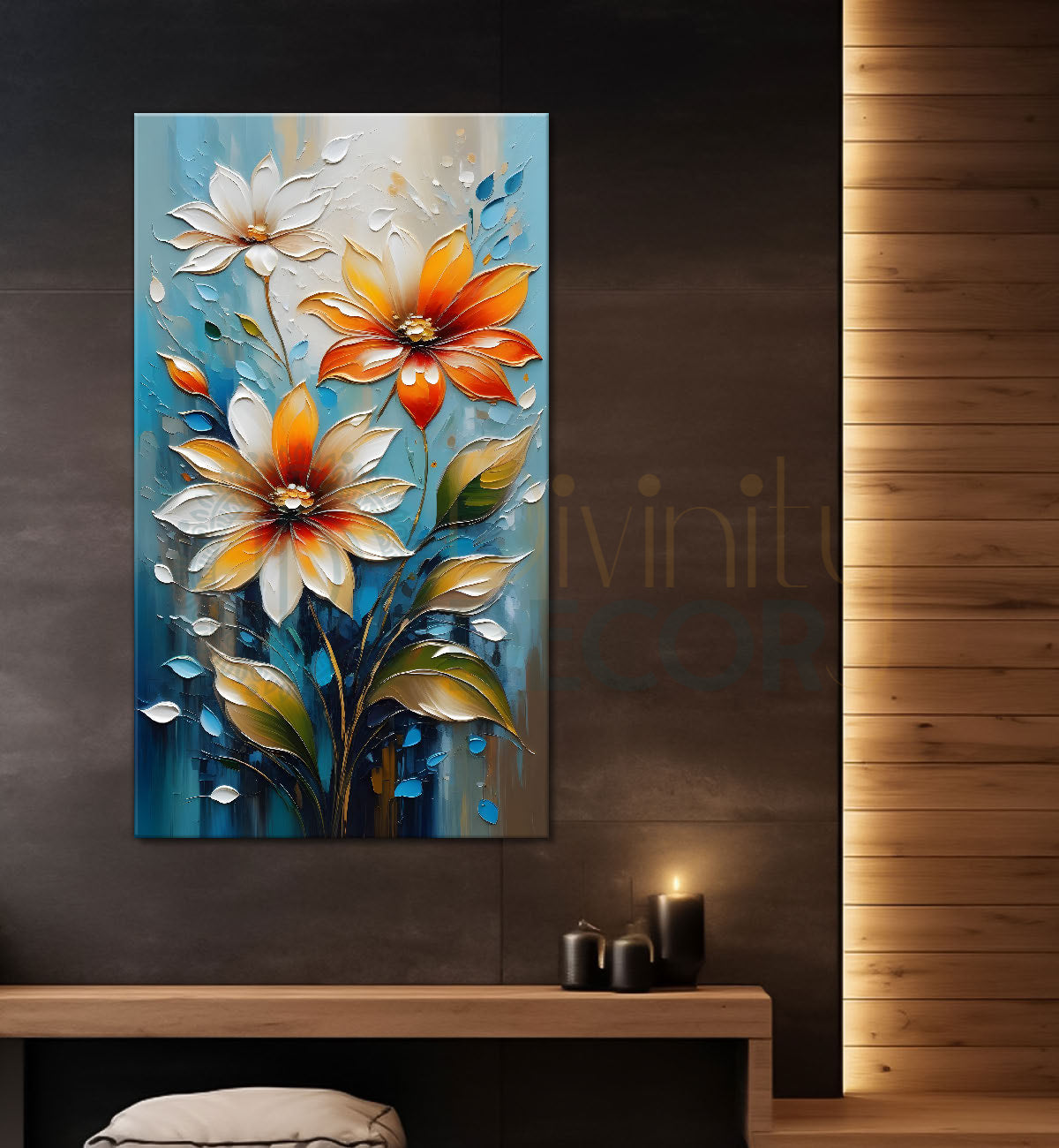 Orange flowers in blue textured background painting - Flower-V-70