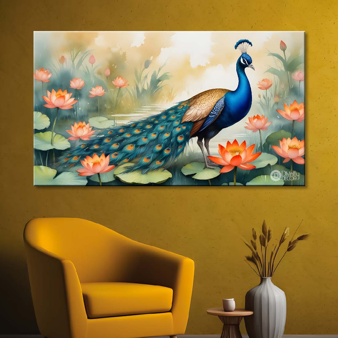 Peacock with orange lotus in fog background textured art. - Design - Animal -70