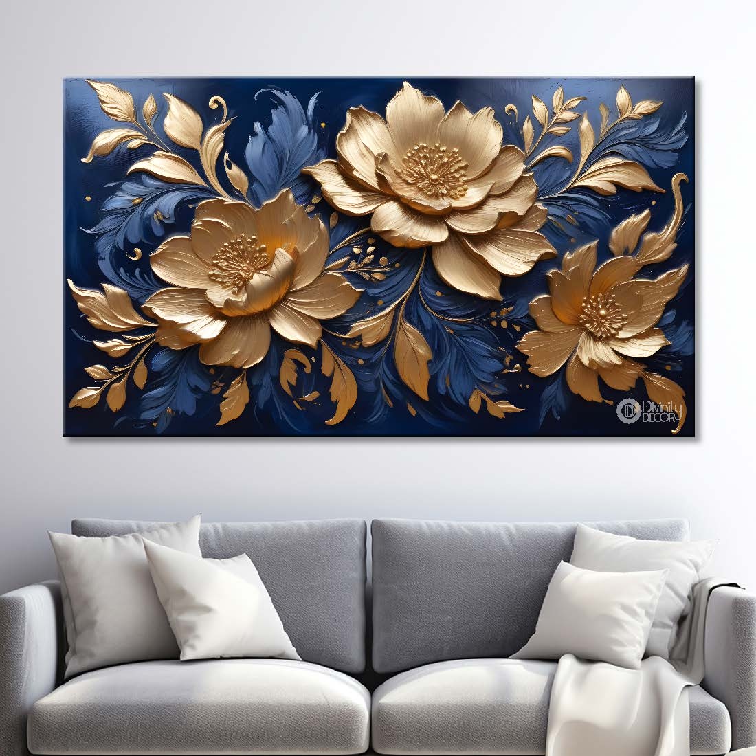 Golden flowers with blue textured background painting- Design - Flower-71