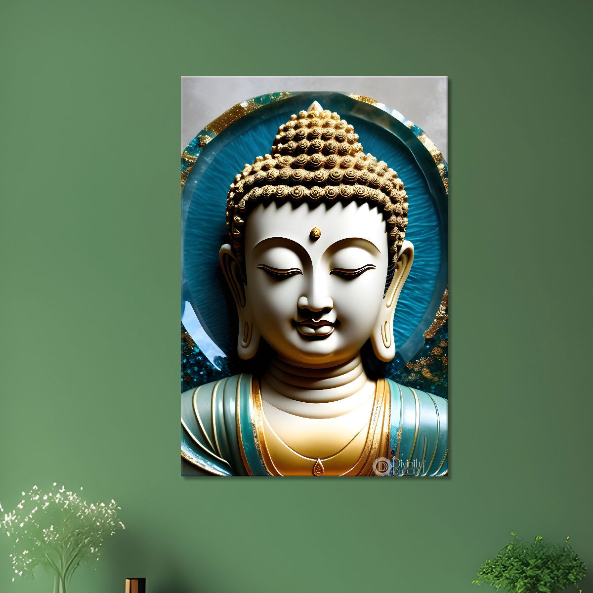 White buddha face with blue chakra background painting - Buddha-V-71