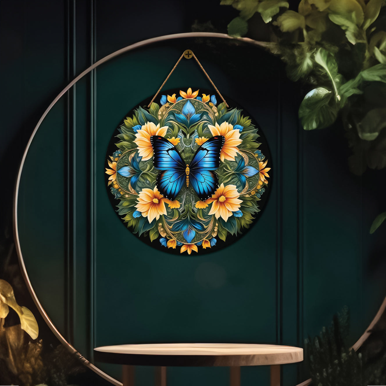 Blue Butterfly in green and yellow mandala Round Wooden Wall Hanging for wall Décor - Design - 71