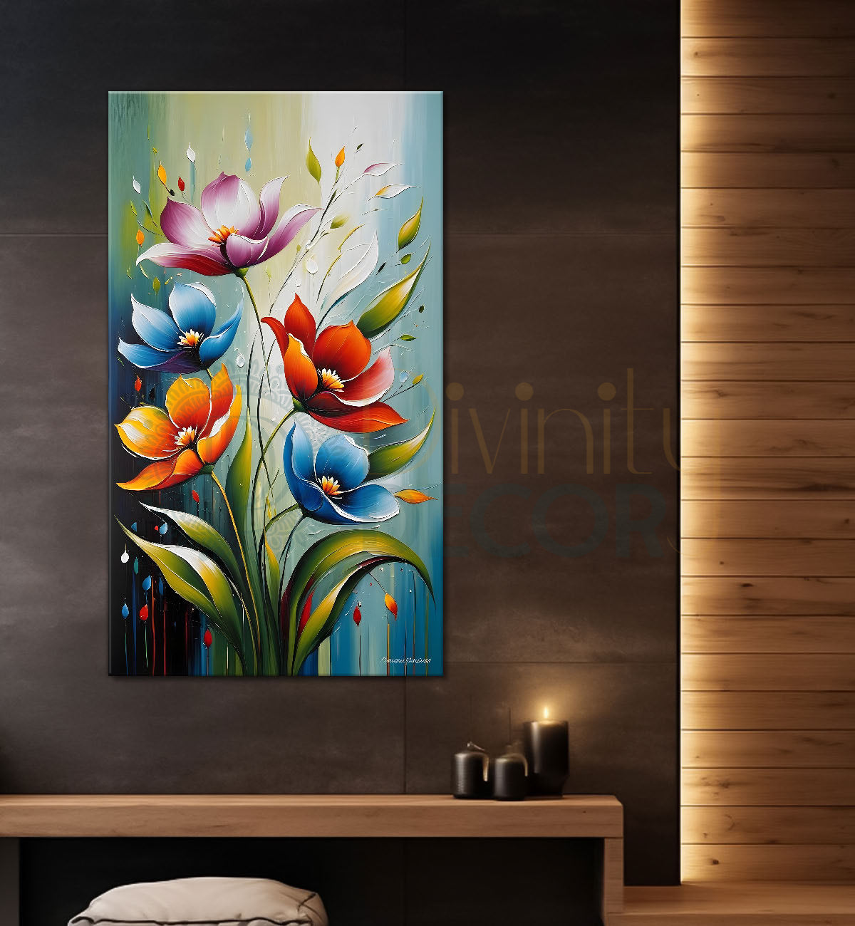 Colourful flowers in grey textured background painting - Flower-V-71