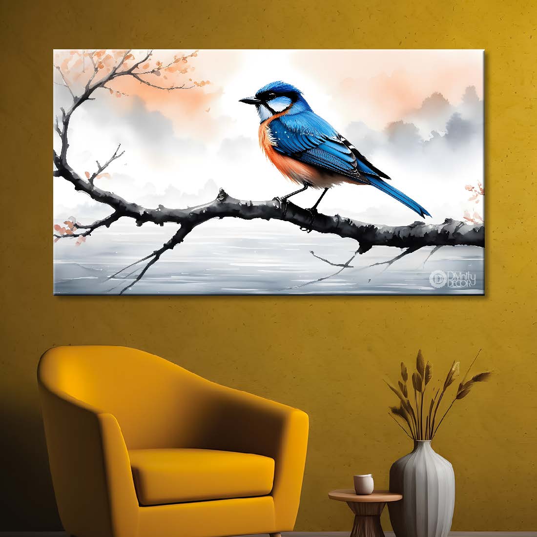 Bird on a branch in white textured background art. - Design - Animal - 71