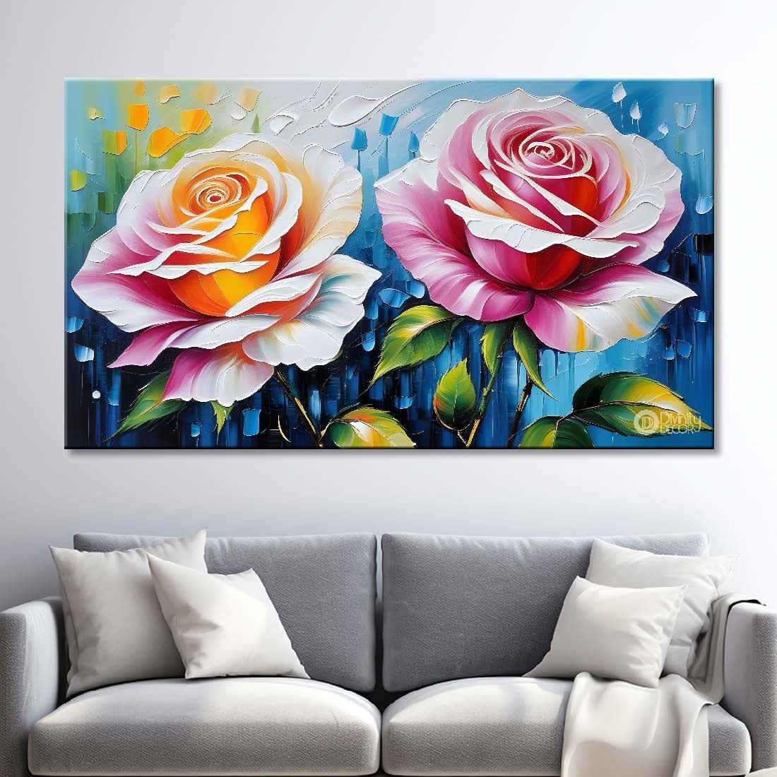 Pink flower with blue textured background painting- Design - Flower-72