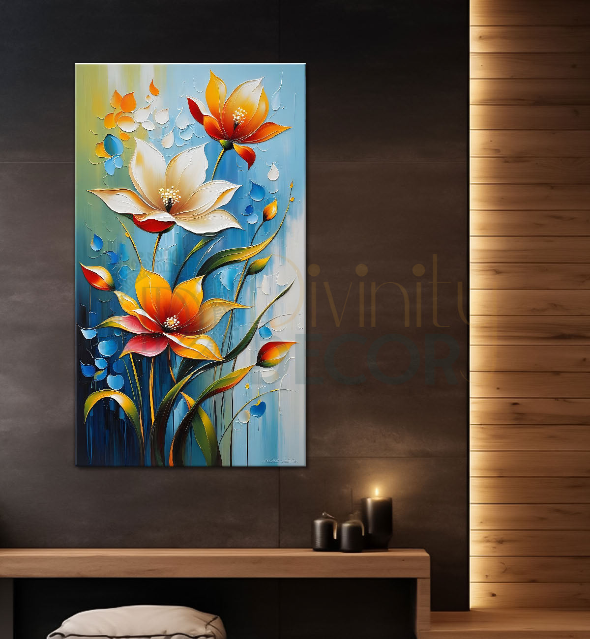 Orange and white flowers in blue textured background painting - Flower-V-72