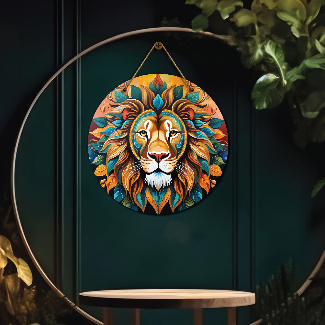 Lion in green and orange mandala Round Wooden Wall Hanging for wall Décor - Design - 72