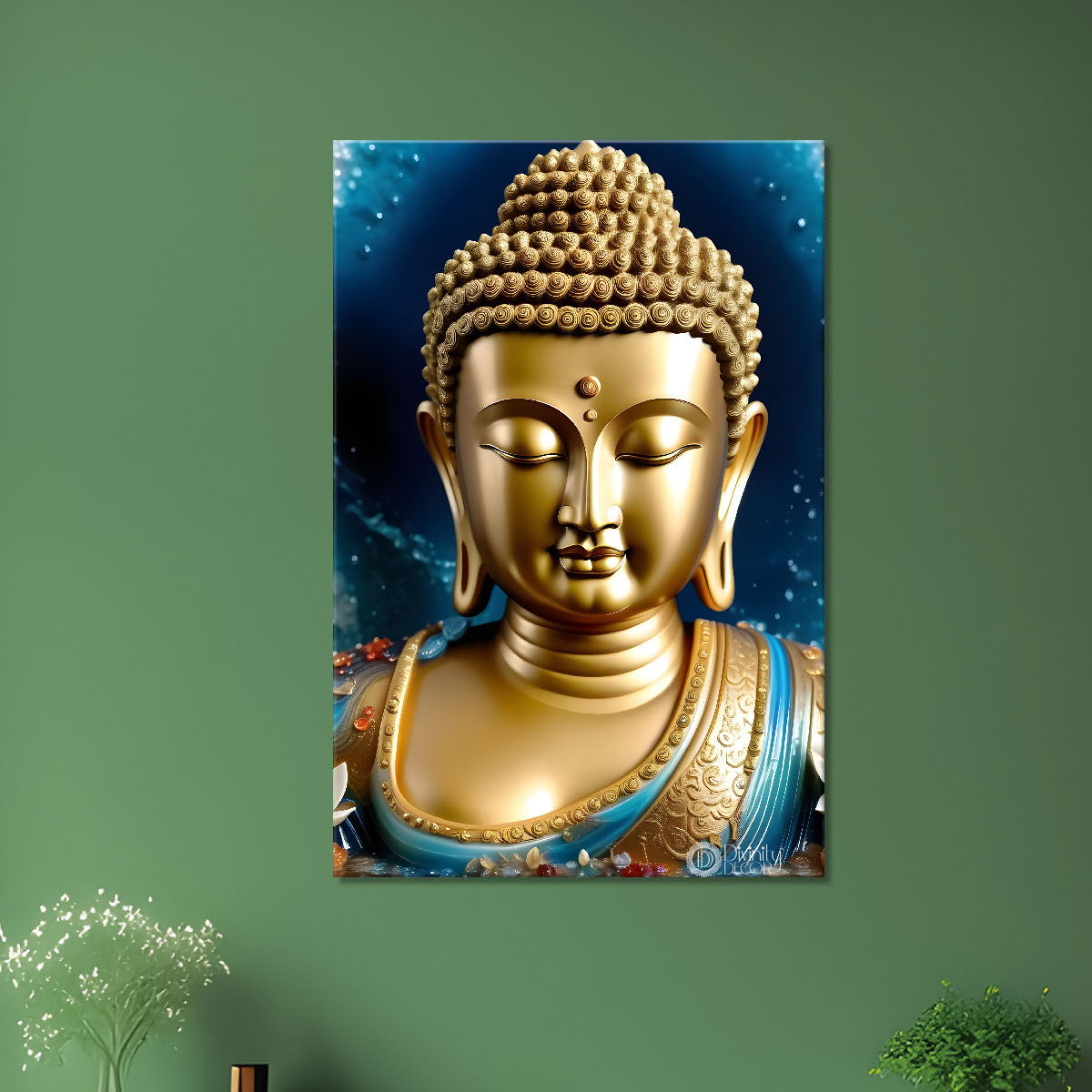 Golden buddha with navy blue background painting - Buddha-V-72