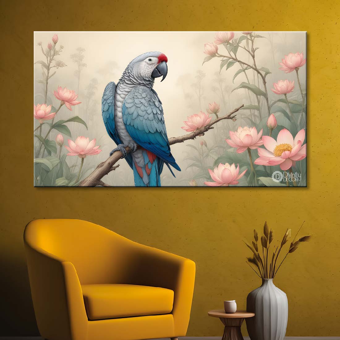 Parrot on a branch with lotus in fog background textured art. - Design - Animal - 72
