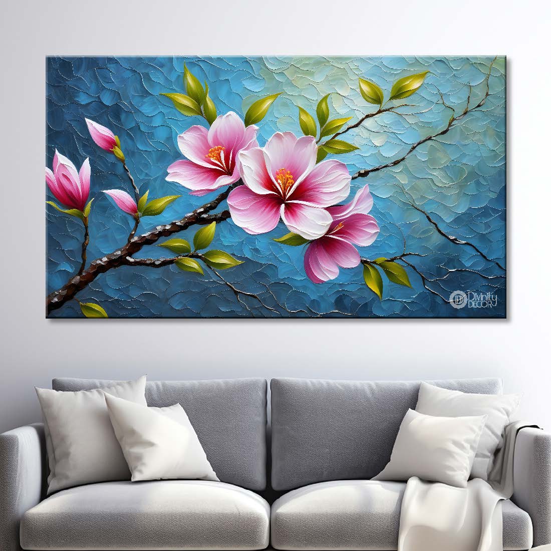 Pink flower with blue textured background painting- Design - Flower-73