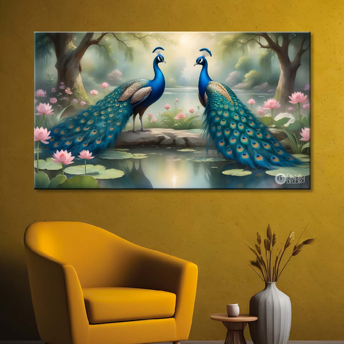 Two peacocks with trees and lotus in textured art. - Design - Animal -73