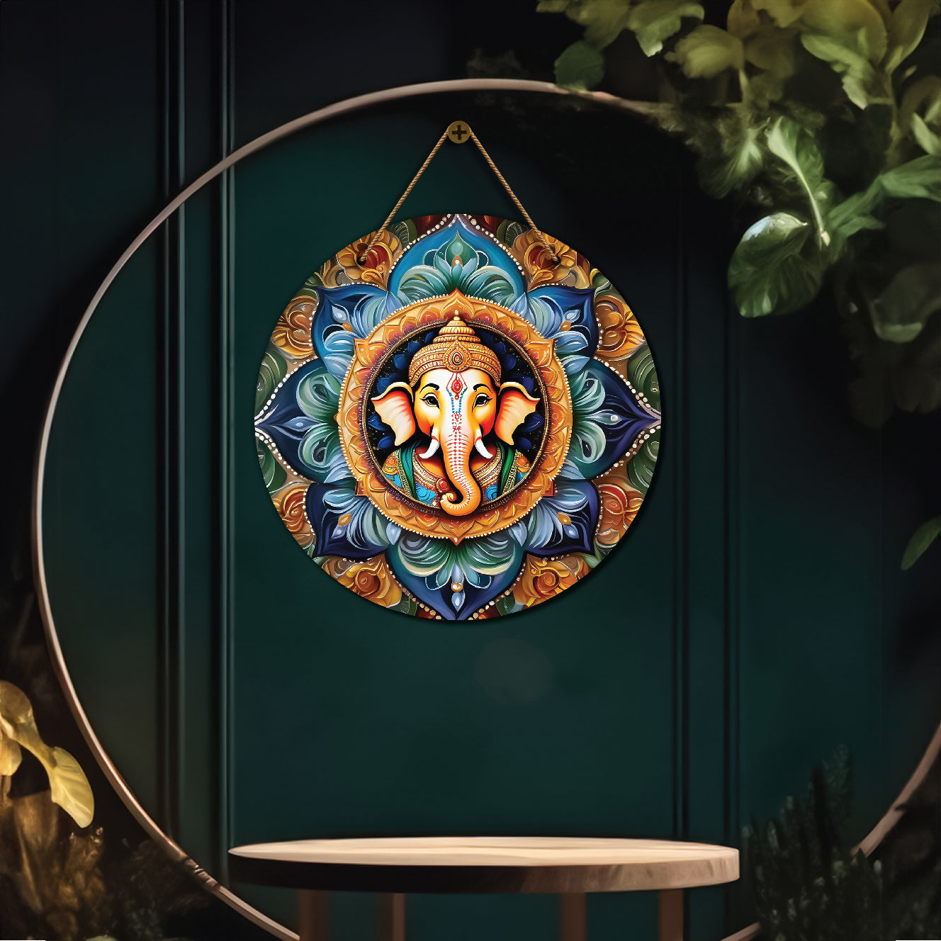 Ganesh Ji in blue and yellow mandala Round Wooden Wall Hanging for wall Décor - Design - 73