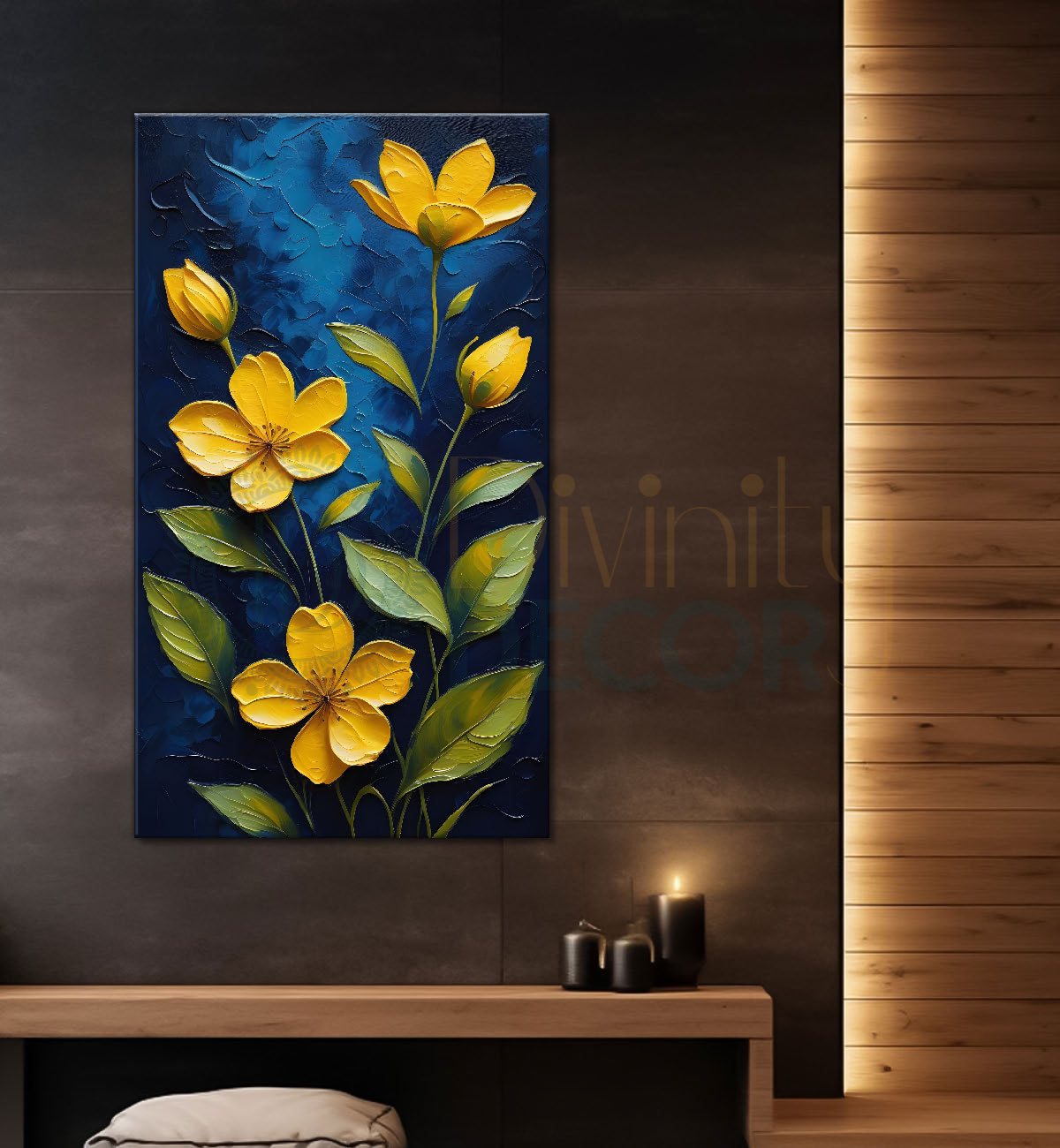 Yellow flowers in navy blue textured background painting - Flower-V-73