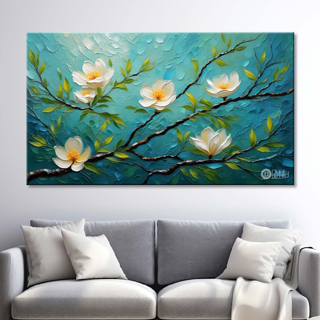 White flowers with blue textured background  painting- Design - Flower-74