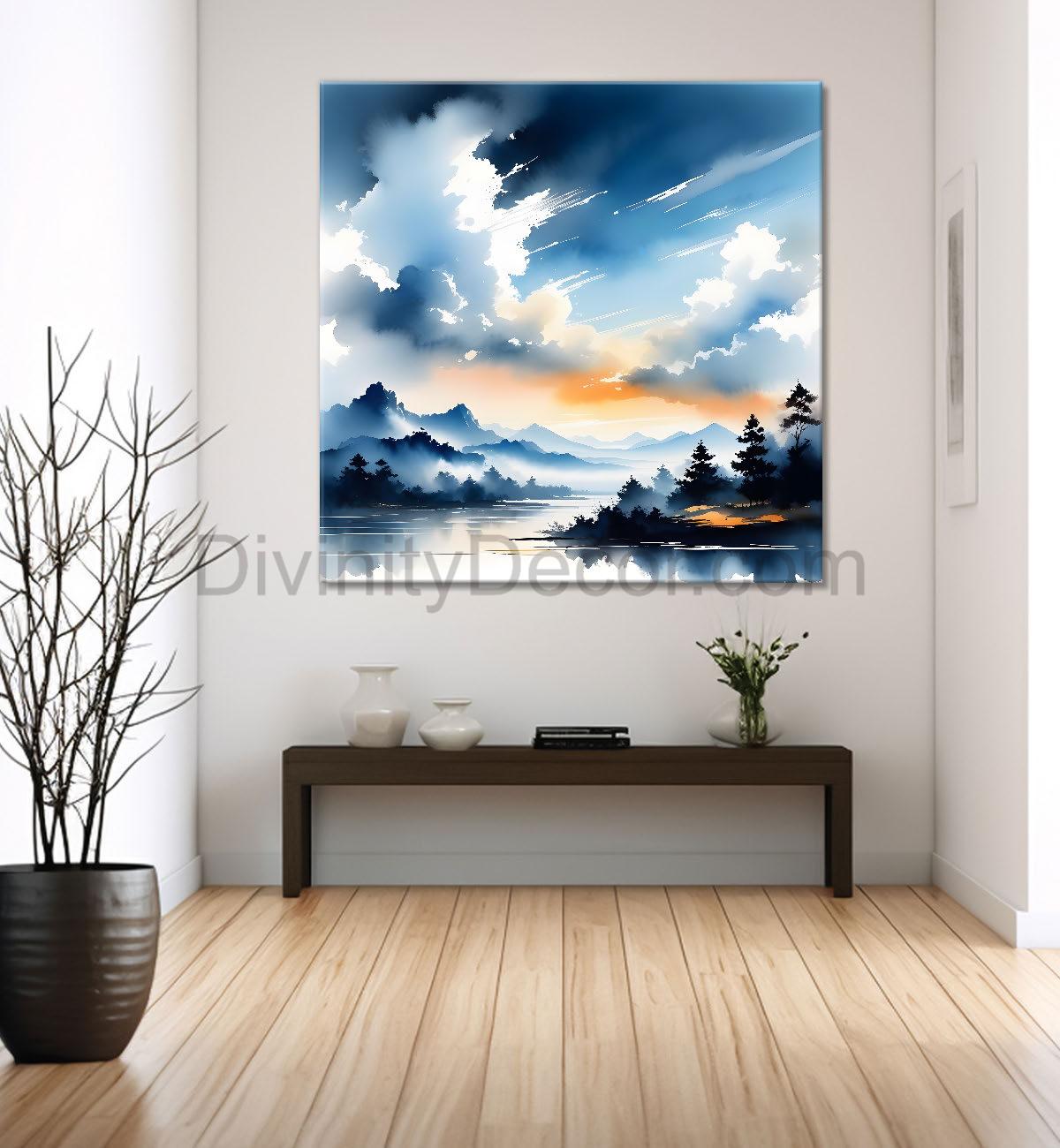 Mountains and the river with tree water colour painting 24X24- Nature Art -S-74