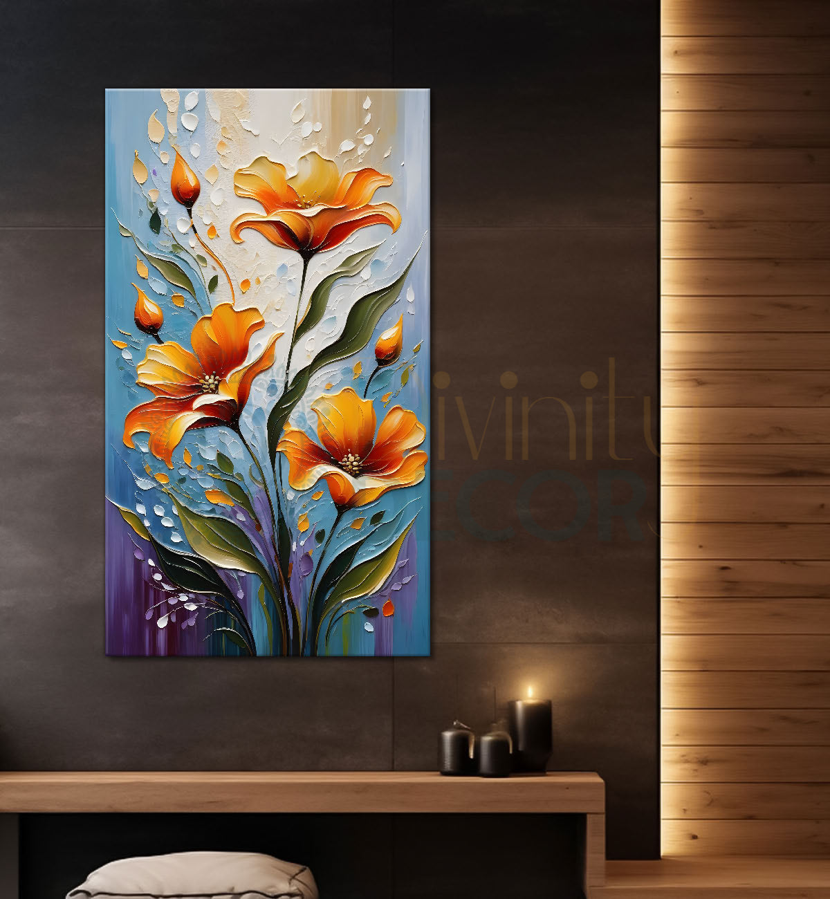 Orange flowers in blue textured background painting - Flower-V-74
