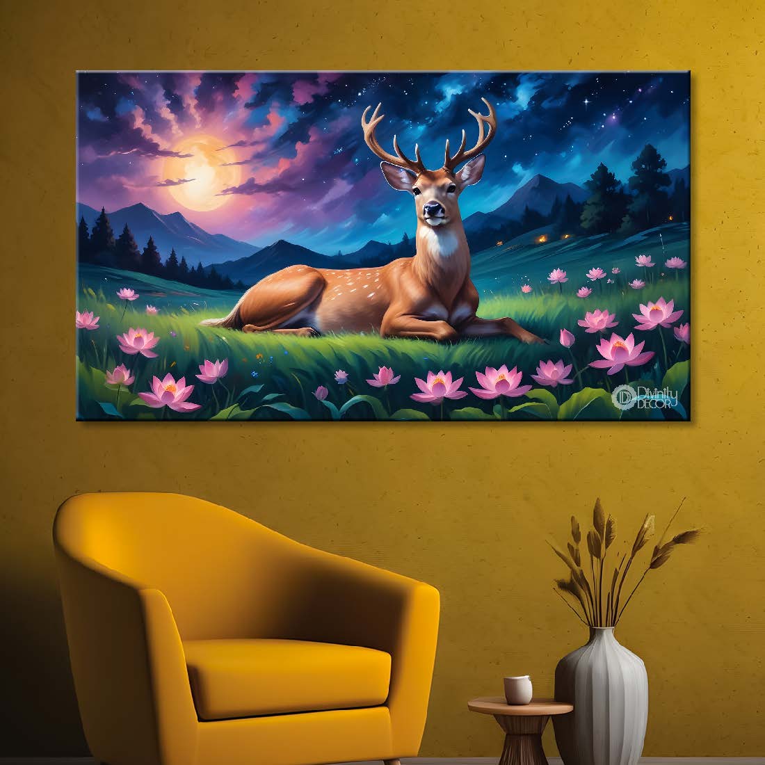 Deer with mountains and lotus in night background textured art.- Design - Animal -74