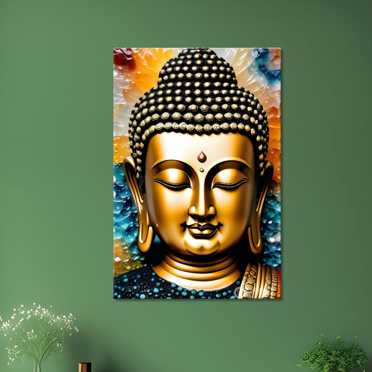 Golden buddha with colourful background textured painting - Buddha-V-75